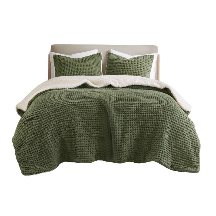 3 Pieces Full Queen Waffle Knit Chenille Comforter Set,Olive