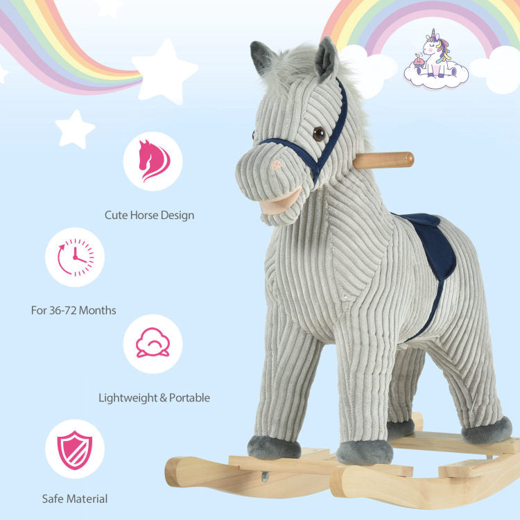 Qaba Kids Rocking Horse For Toddler 3 5, Plush Ride On Horse Wooden Rocker With Realistic Sounds, Gray