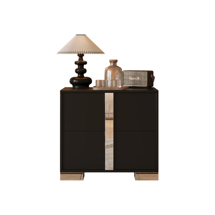 Elegant Nightstand With Metal Foot, Mirrored Bedside Table With 2 Drawers For Bedroom, Living Room, Black