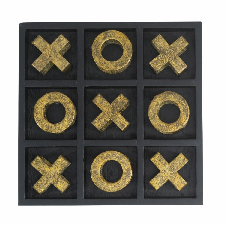 9.8X9.8X1.2" Black Wooden Tic Tac Toe Game Set With Gold Iron Pieces