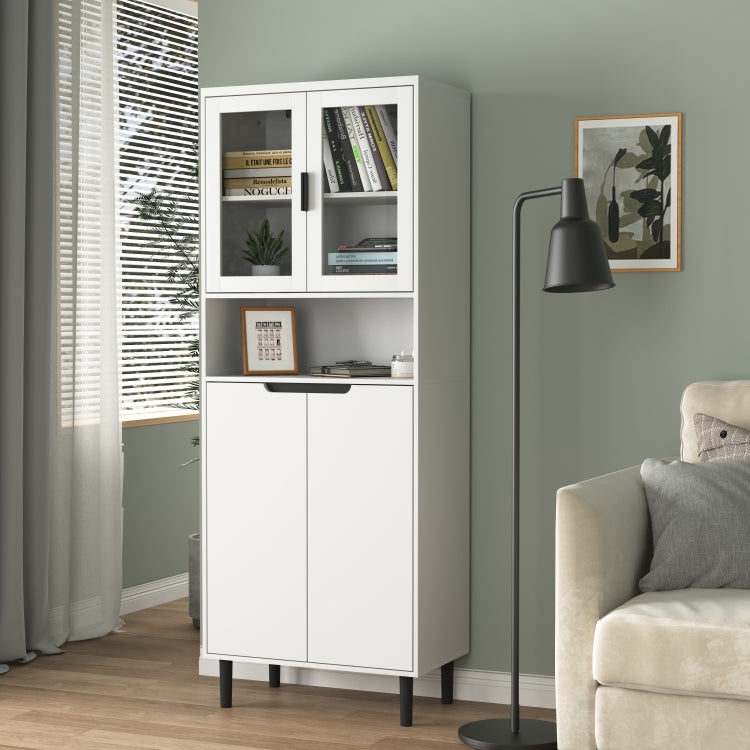 Tempered Glass Door Tall Storage Bookcase With Adjustable Board, 4 Doors Mdf Painting Finished Cabinet, White, Living Room Bedroom Storage