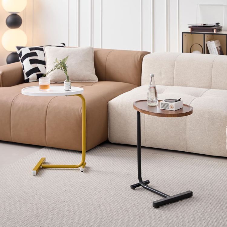 2 Pieces Brown C Shaped Side Table, Small Sofa Table For Small Spaces, Living Room, Bedroom