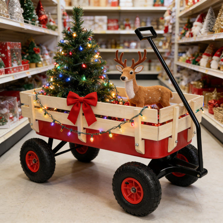 Outdoor Sport Wagon Tools Cart Wooden Side Panels Air Tires Wagon Red