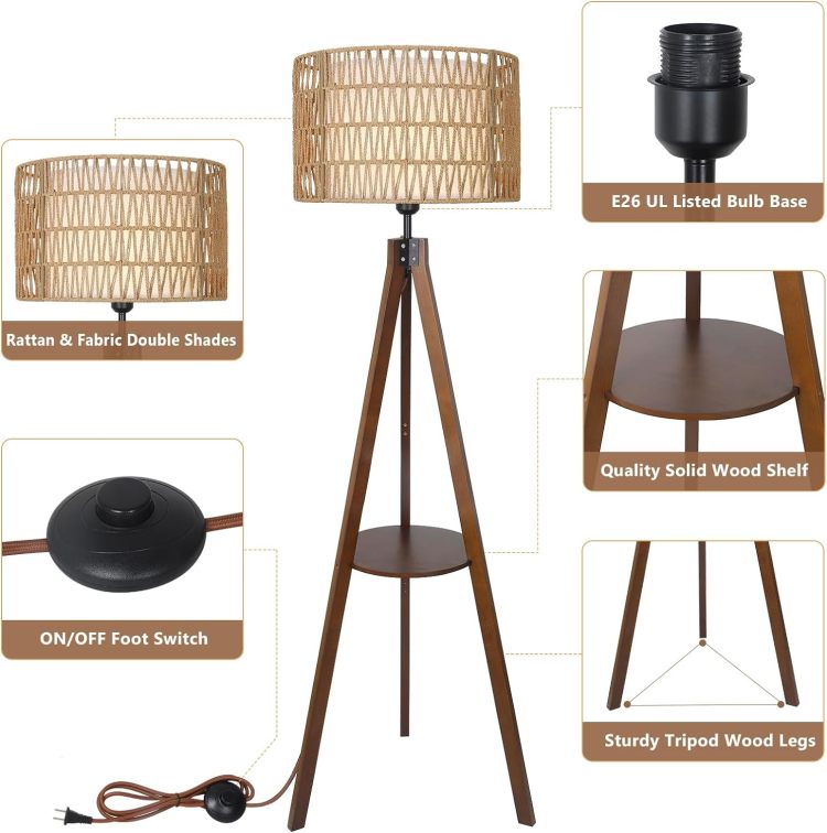 Boho Tripod Floor Lamp With Shelves, Mid Century Wood Standing Lamp With Rattan & Fabric Shades, On Off Foot Switch, Modern Farmhouse Tall Floor Lamps For Living Room Bedroom Office