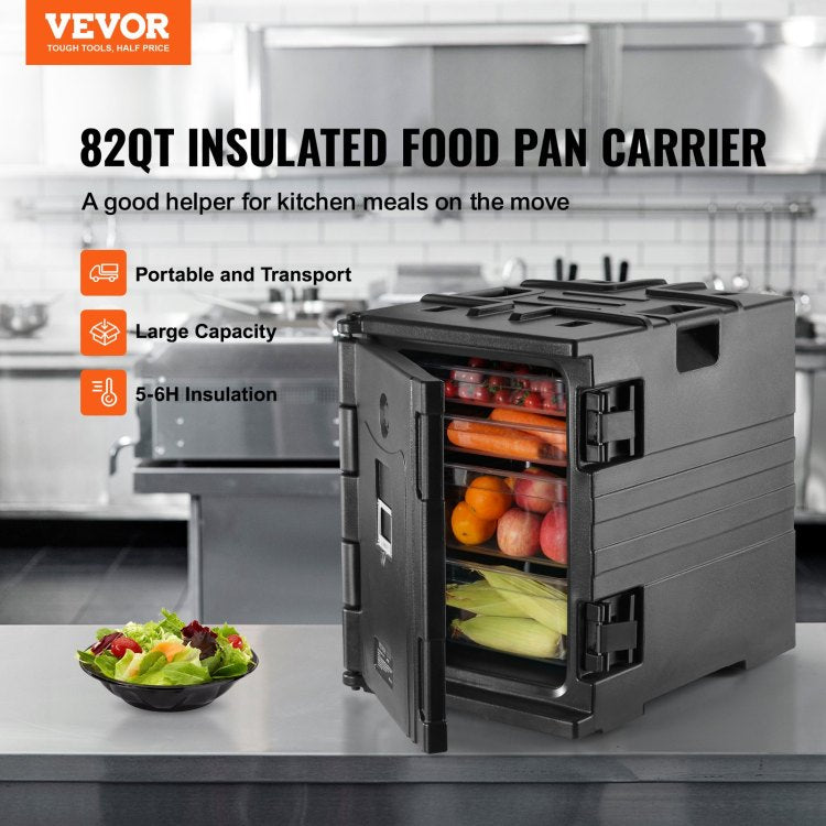 Insulated Food Pan Carrier, 82 Qt Hot Box For Catering, Lldpe Food Box Carrier W Double Buckles, Front Loading Food Warmer W Handles, Stackable End Loader For Restaurant, Canteen, Etc. Black