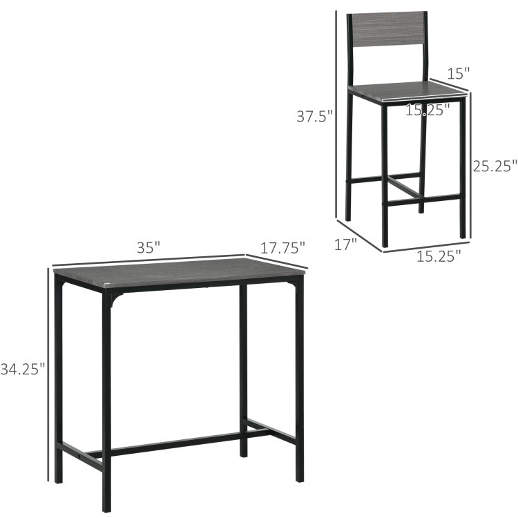 Homcom 3 Piece Bar Table And Chairs, Industrial Dining Table Set For 2, Counter Height Kitchen Table With Bar Stools, Breakfast Table Set For 2 For Small Space, Gray