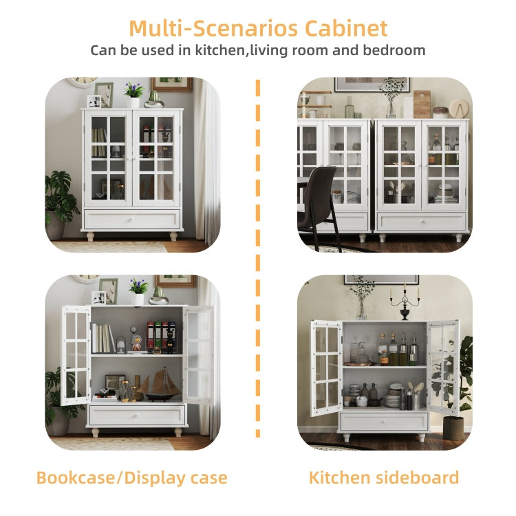 Minimalist White Buffet Cabinet With Double Glass Doors And Drawer, Modern Wooden Storage Sideboard Cupboard For Living Room, Dining Room Hallway Entryway