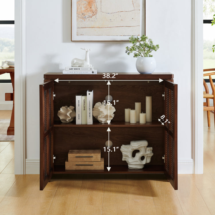 39.4" Mid Century Modern Rattan Sideboard Buffet Cabinet With 2 Outlet Holes, Coffee Bar Wine Bar Credenza, Retro Storage Cabinet For Entryway, Hallway, Living Room, Kitchen, Dining Room, Walnut