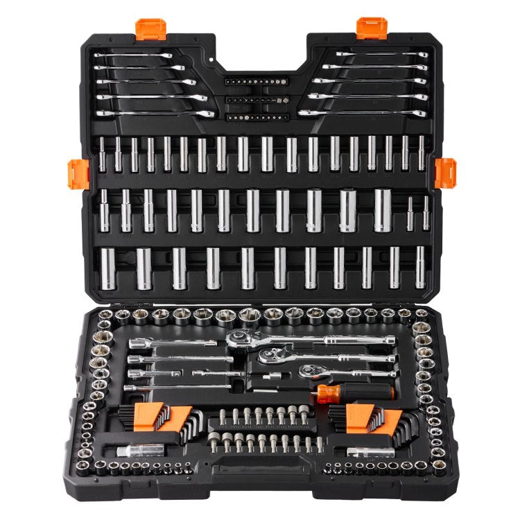 Mechanics Tool Set And Socket Set, 1 4" 3 8" 1 2" Drive Deep And Standard Sockets, 205 Pcs Sae And Metric Mechanic Tool Kit With Bits, Combination Wrench, Hex Wrenches, Accessories, Storage Case