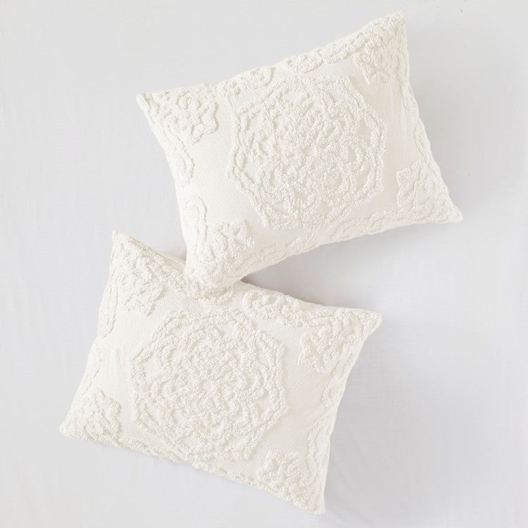 3 Piece Tufted Cotton Chenille Medallion Comforter Set Off White Full Queen