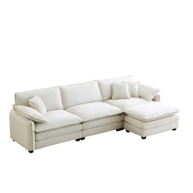 Oversize 3 Seater Sofa With One Footrest, L Shaped Sectional Sofa With Ottoman For Living Rooms, White Corduroy Sofa