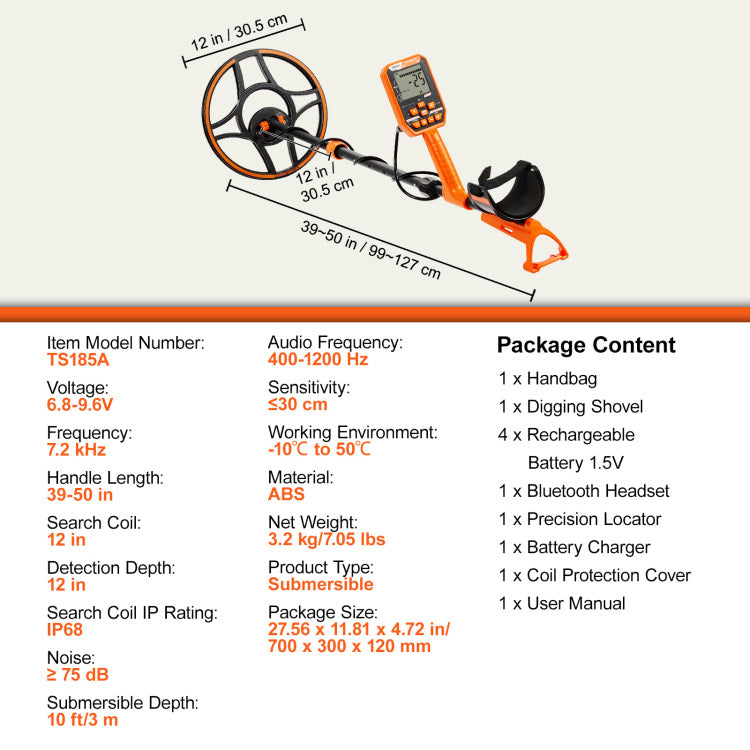 Waterproof Metal Detector, 12" Coil, Professional Rechargeable Gold Detector, 39 50 In Adjustable With Lcd 7 Modes Advanced Dsp Chip Bluetooth Headset, Ip68 For Detecting Gold Treasure Hunting