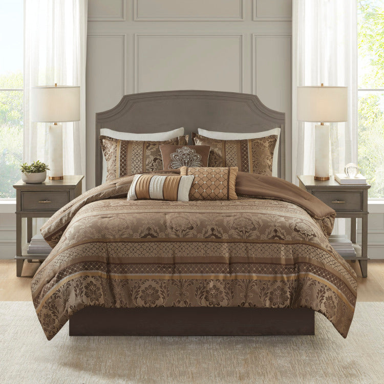 7 Piece Jacquard Comforter Set Brown Gold Queen