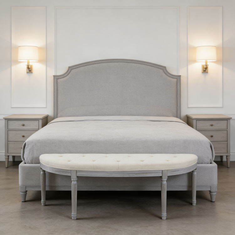 Coastal Button Tufted Light Beige Upholstered Bench With Weathered Gray Legs