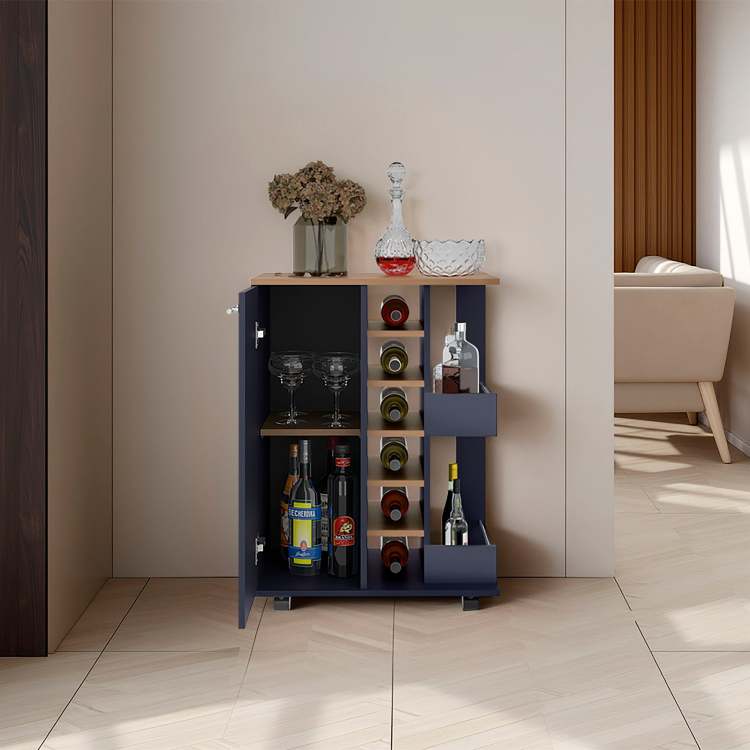 Kronos Ash And Kronos Blue Bar Cabinet With Bottle Racks