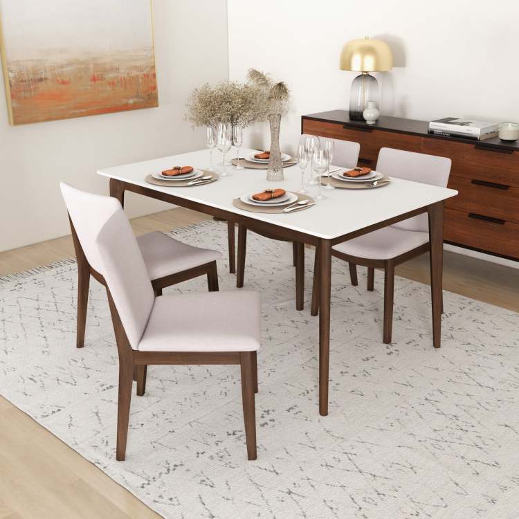 Modern Laura Mid Century Modern Solid Wood Dining Chair Set With Upholstered Fabric, Beige Linen, 20 X 20 X 32 Inches Set Of 2