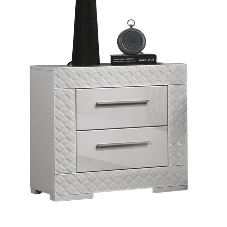 White High Gloss 1Pc Nightstand Metal Side Glide 2 Drawers Bedside Table Chrome Hardware Bedroom Furniture
