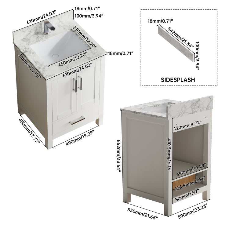 23" Bathroom Vanity With Sink, Bathroom Storage Vanity Sink Cabinet With 2 Doors 1 Drawer, Wooden Freestanding White Bathroom Cabinet With Faucet Hole