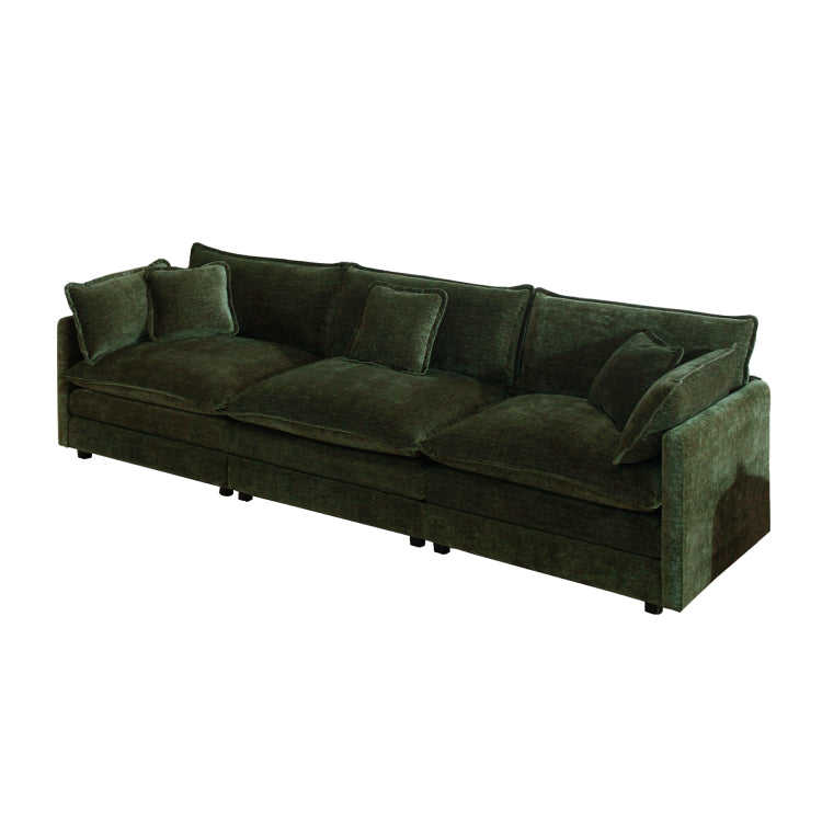 Mid Century Modern Couch 3 Seater Sofa With 2 Armrest Pillows And 3 Toss Pillows, Couch For Living Room Green Chenille