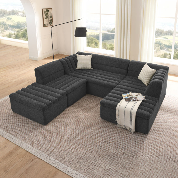 135" U Shaped Modular Sectional Sofa With Chaise And Movable Ottoman For Living Room, Chenille Upholstered Boneless Couches With Wave Shaped Armrest, No Pillows Included
