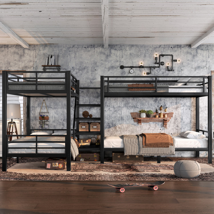 Twin L Shaped Metal Bunk Bed With Storage Shelves And High Quality Safety Guardrail,Space Saving,Black