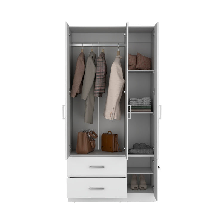 Sebree 71" High Armoire Wardrove Closet With 2 Drawers, Four Doors , Three Cabinet , Six Shelves And Hanging Rod, Bedroom Clothes Storage Cabinet Organizer White