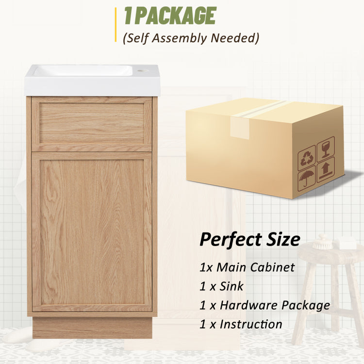 15.75" Bathroom Vanity With Reversible Resin Sink, Mdf Cabinet With Adjustable Shelf And Push To Open Door, Wood Grain Melamine Finish, Reversible Door, Rustic Style For Small Spaces