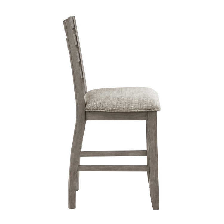 Trea 26 Inch Counter Height Chair, Ladder Back, Polyester, Gray Wood, Set Of 2