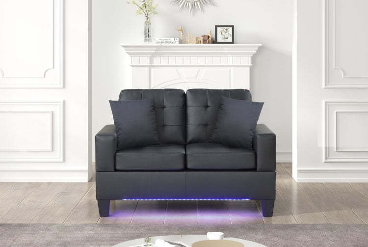 Gemma 55.5"W Black Pvc Fabric Loveseat With Led Lights, Usb Charger, Tufted Cushions