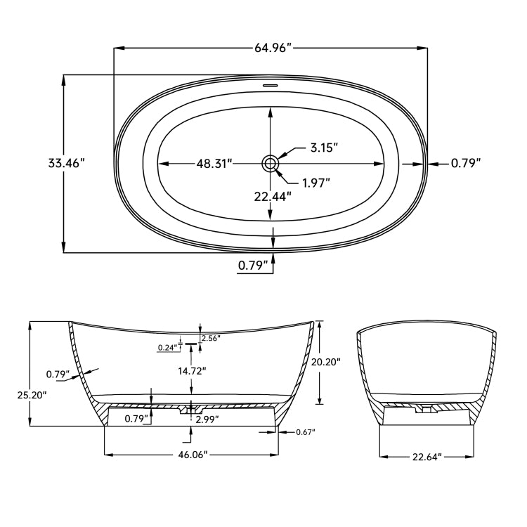 65 Inch Solid Surface Soaking Bathtub Deep Soak Freestanding Tub