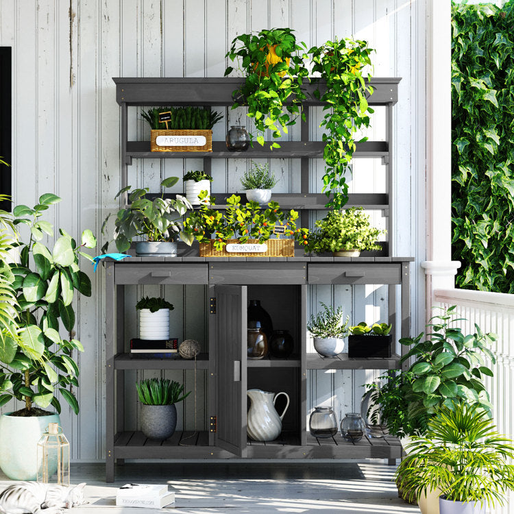 66'' Large Outdoor Farmhouse Wooden Potting Bench Table, Garden Workstation With 2 Drawers,Cabinet And Open Shelves For Backyard, Mudroom, Gray