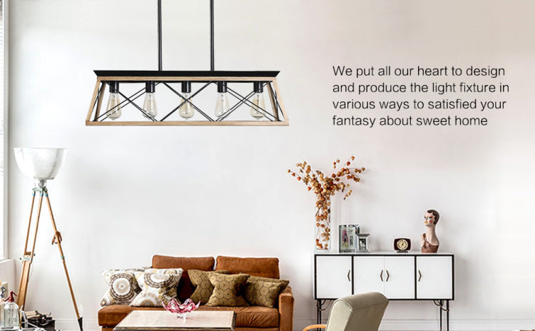 32" Oak Industrial 5 Light Pendant Chandelier, Modern Metal Cage Design, Adjustable Hanging Light For Dining Room, Kitchen, Living Room No Bulbs