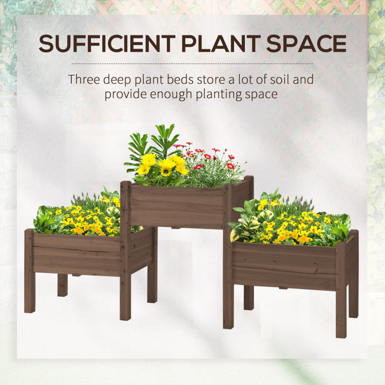 Outsunny Raised Garden Bed With 3 Planter Box, Elevated Wooden Plant Stand With Drainage Holes, For Vegetables, Herb And Flowers, Coffee