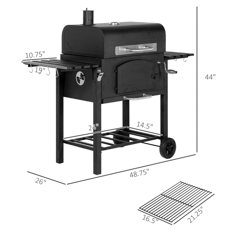 Outsunny Charcoal Grill, Bbq With Adjustable Height, Portable Barbecue With Folding Shelves, Thermometer, Bottle Opener & Wheels For Outdoor Camping, Picnic, Patio, Backyard, Black