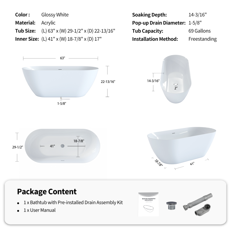 63" Acrylic Freestanding Bathtub, Oval Deep Soaking Bathtub With Center Pop Up Drain & Integrated Overflow, Contemporary Stand Alone Bath Tub For Bathroom Spa Or Home Upgrade, Glossy White Th 26A09