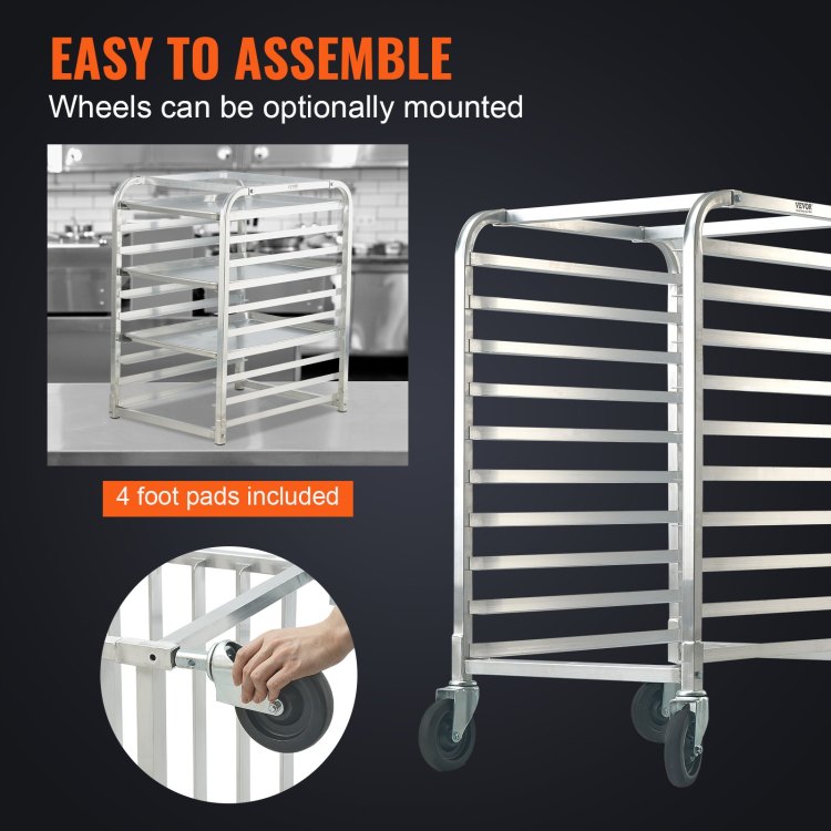 Bun Pan Rack, 10 Tier Commercial Bakery Racks With Brake Wheels, Aluminum Racking Trolley Storage For Half & Full Sheet, Speed Rack For Kitchen Home, Bread Baking Equipment, 26"L X 20.3"W X 39"H