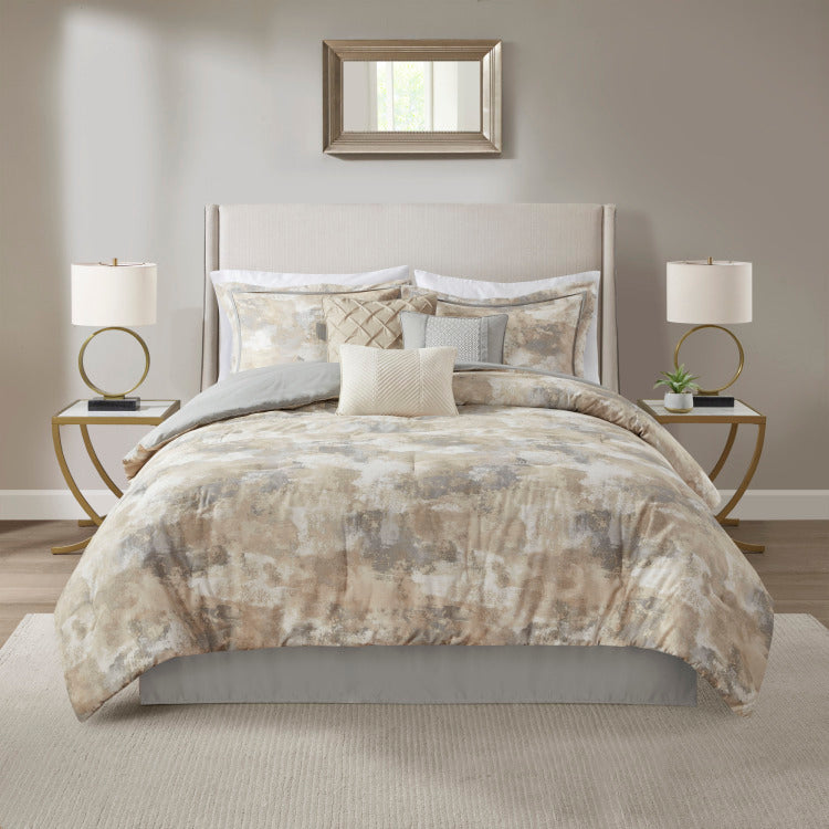 7 Piece Textured Cotton Blend Comforter Set Gray King