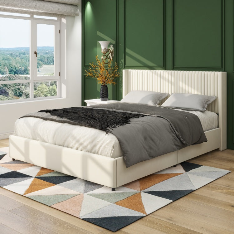 Anna Patented 2 Drawer Storage Bed Queen Size Ivory Velvet Upholstered Wingback Platform Bed, Modern Design Headboard With Tight Channel, Wooden Slat Mattress Support No Box Spring Needed