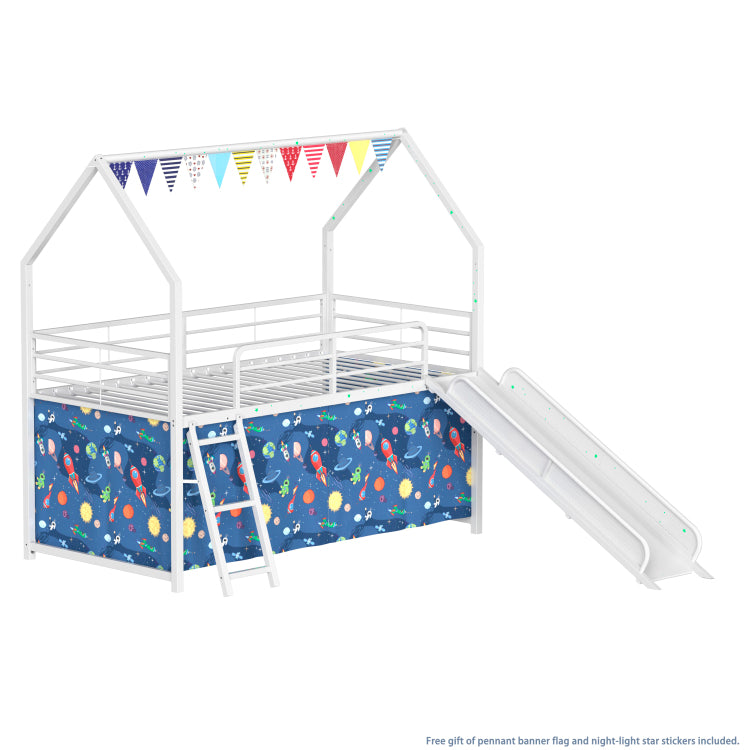 Jack Metal Junior House Twin Loft Bed With Slide And Curtain Set And Pennant Banner Flag And Star Stickers, White With Blue