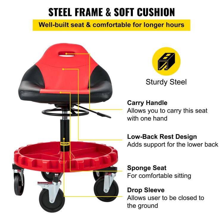 Rolling Gear Seat, 300Lbs Capacity, 18" 23" Height Adjustable, Mobile Mechanic Garage Stool With Tool Tray And 5" Casters, Pneumatic Stool For Workshop, Garage, Auto Repair Shop