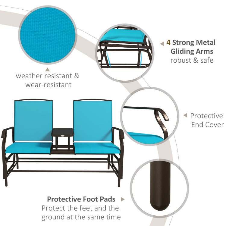 Outsunny Outdoor Glider Bench With Center Table, Metal Frame Patio Loveseat With Mesh Fabric And Armrests For Backyard Garden Porch, Blue