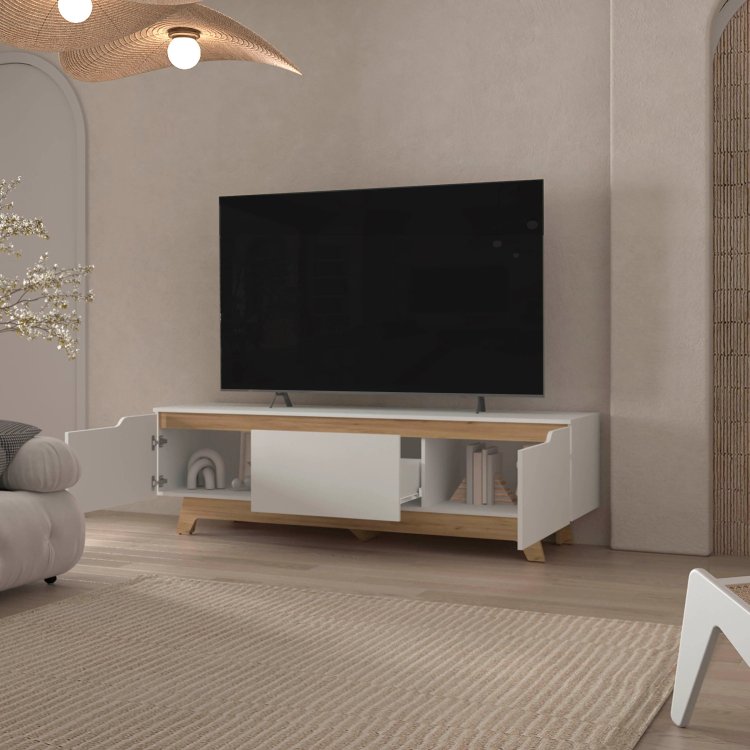 White And Natural Oak Entertainment Center With 2 Door