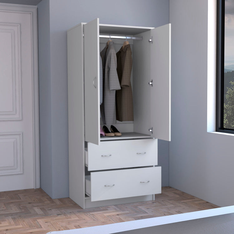 Taly Armoire With Double Doors, 2 Drawers, And Hanging Rod White