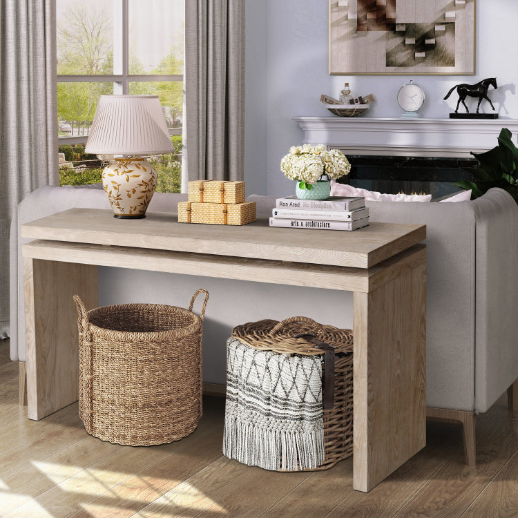 60'' Antique Natural Farmhouse Console Table Retro Wooden Entryway Table With Double Board Suspension Design, Solid Wood & Mdf, Sofa Table For Living Room