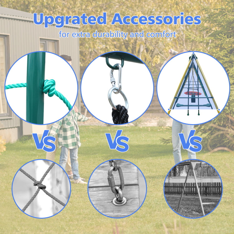 6 In 1 Swing Set With Climbing Frame, Climbing Net, Glider, Hammock Swing, Belt Swing, Basketball Rim For Backyard