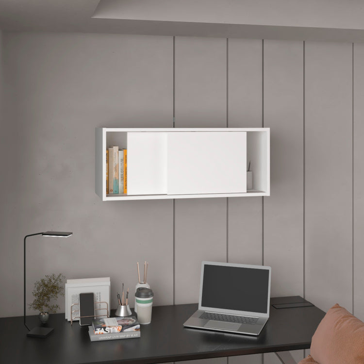 Note 32"W X 13" H Wall Cabinet With Sliding Doors , Wall Shelf, Storage Cabinet, Bedroom, Office, Living Room, Garage