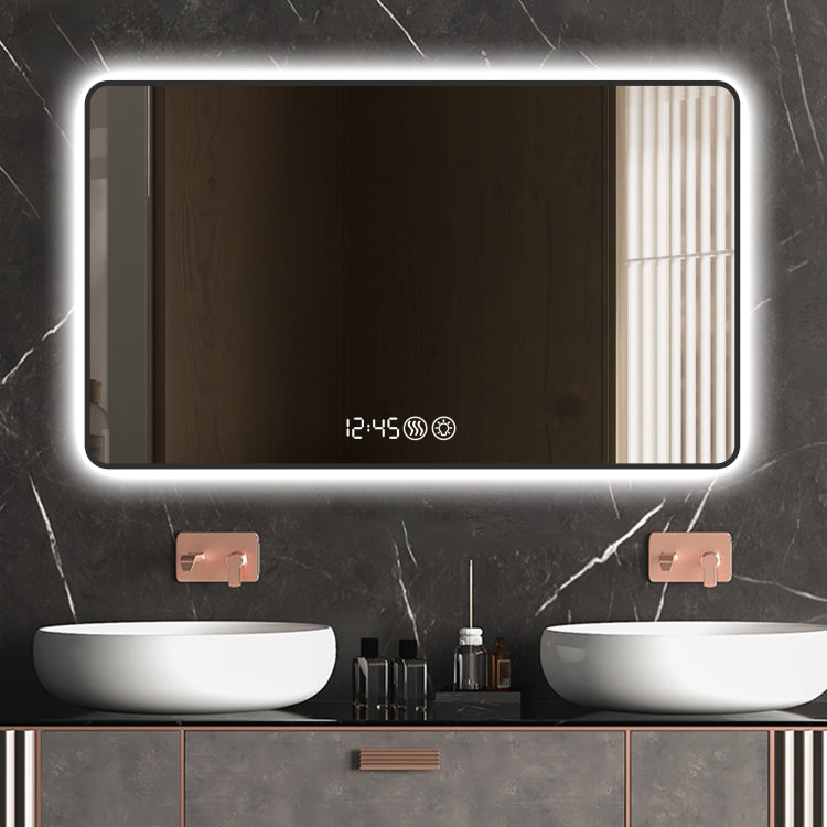 48X32 Black Frame Wall Mirror With Rounded Corners Vanity Mirror, Temperature Display, Tri Color Light, Defogging, High Quality Aluminum Alloy Frame, High Definition Tempered Glass