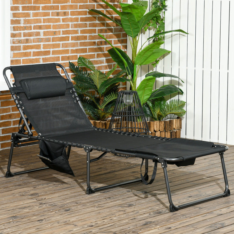 Outsunny Folding Chaise Lounge With 5 Level Reclining Back, Outdoor Tanning Chair With Reading Face Hole, Outdoor Lounge Chair With Side Pocket & Headrest For Beach, Yard, Patio, Black