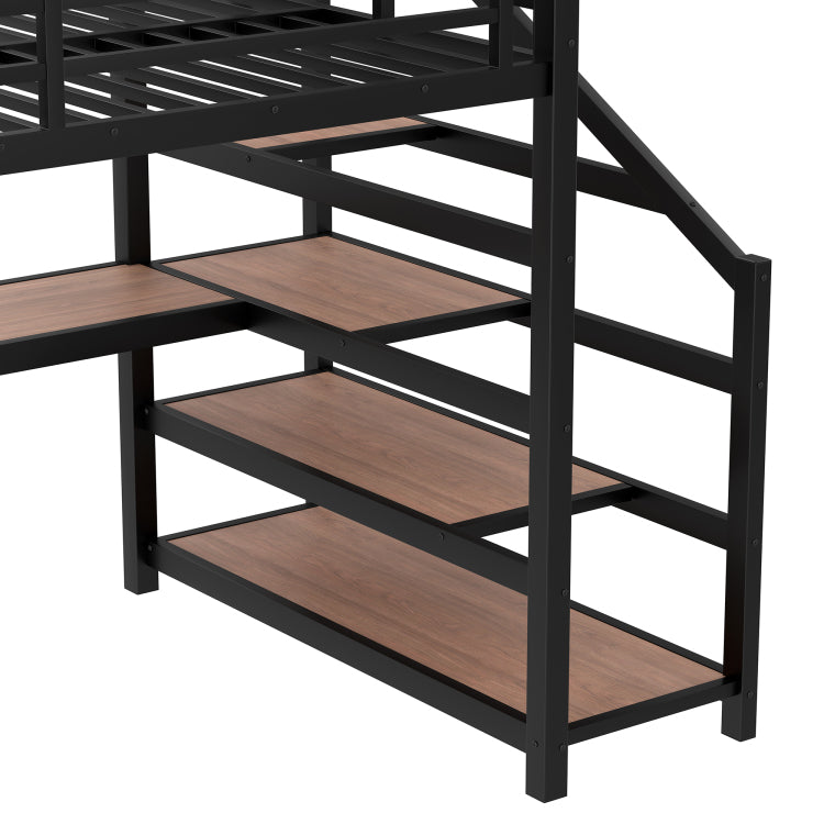 Full Loft Bed With Desk And Storage Stairs, Metal Loft Beds With Led Lights, Usb Ports, Multifunctional Iron Nets, No Spring Box Needed And Noise Free, Black