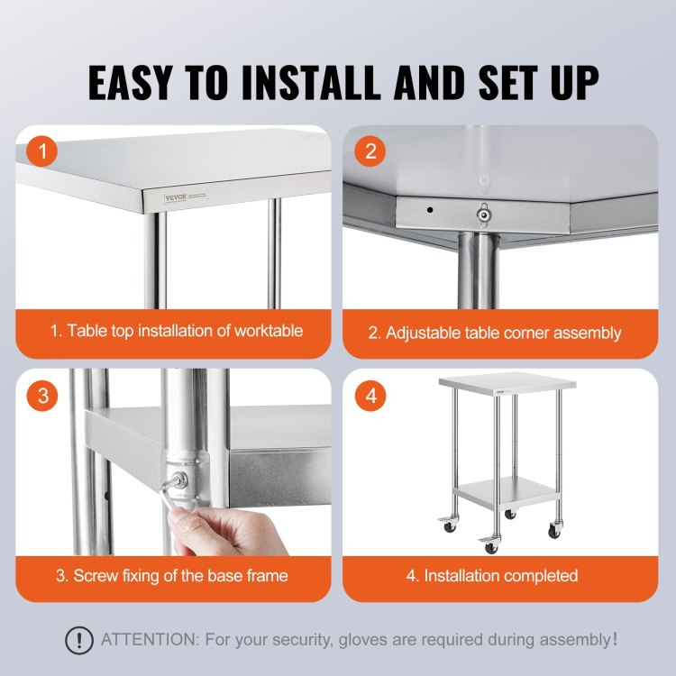 Stainless Steel Work Table 24 X 24 X 38 Inch, With 4 Wheels, 3 Adjustable Height Levels, Heavy Duty Food Prep Worktable For Commercial Kitchen Restaurant, Silver